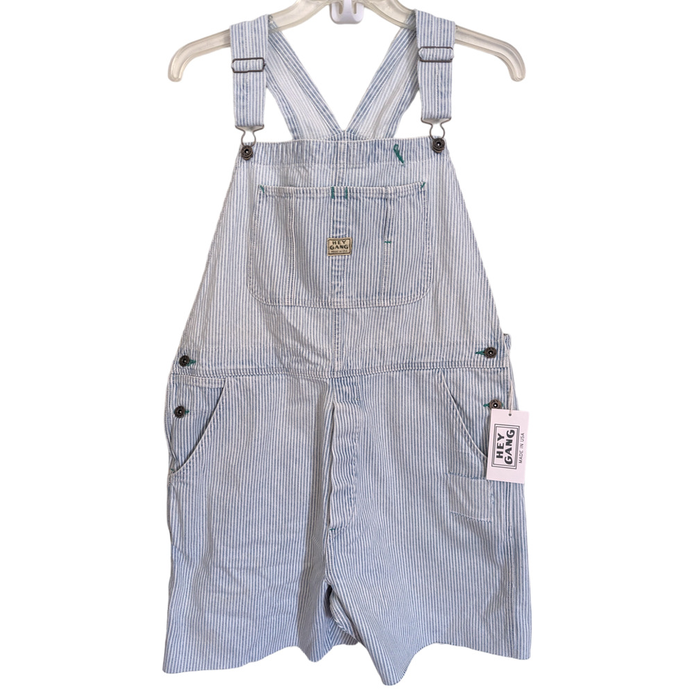 Hey Gang The Miner Denim Overall Shorts in Washed Railroad Stripe, Size XL